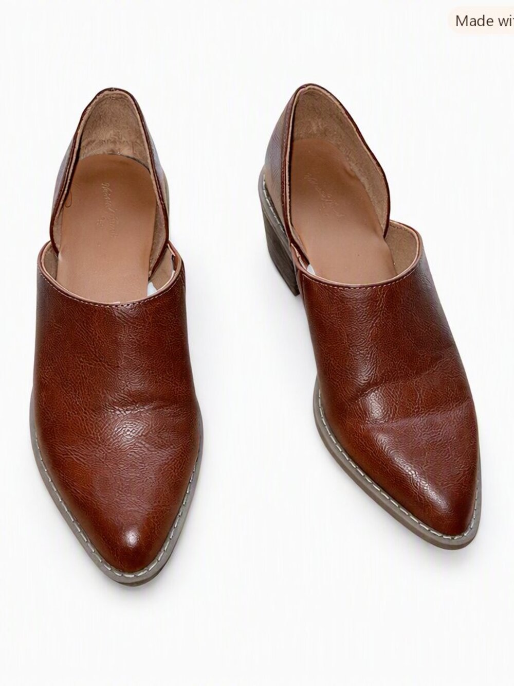 Brown Faux Leather Pointed Toe Western Minimalist Slip‑On Block Heel Booties